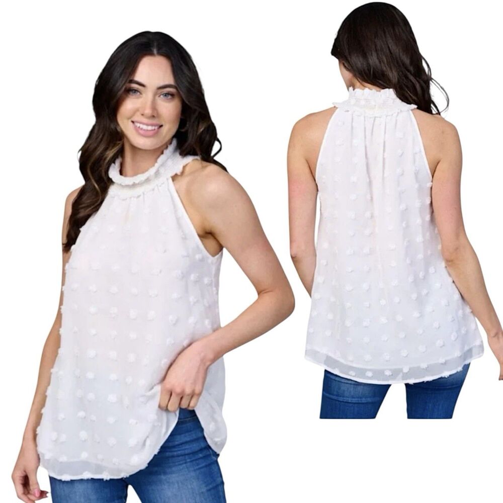 Vine & Love Sleeveless Lined Swiss Dot Smocked Halter Top Off White